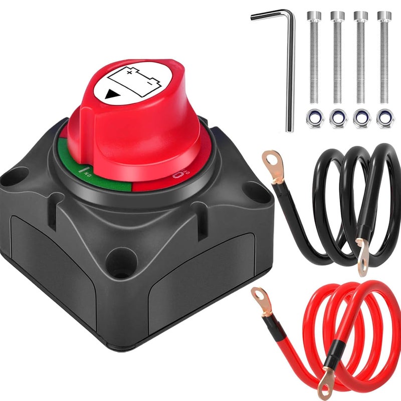 SUNMORN Battery Disconnect Switch, 2PCS Cables 1.64FT with Heavy Duty Wire Lugs, Battery Disconnect Switch 12V, DC 5-60V Master Isolator Cut/Shut Off for RVs, Campers, and Boats - Image 1
